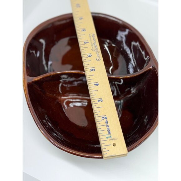 VTG 1950s Marcrest Daisy Dot Brown Stoneware Divided Serving Dish 9.5" USA Decor - Picture 6 of 7